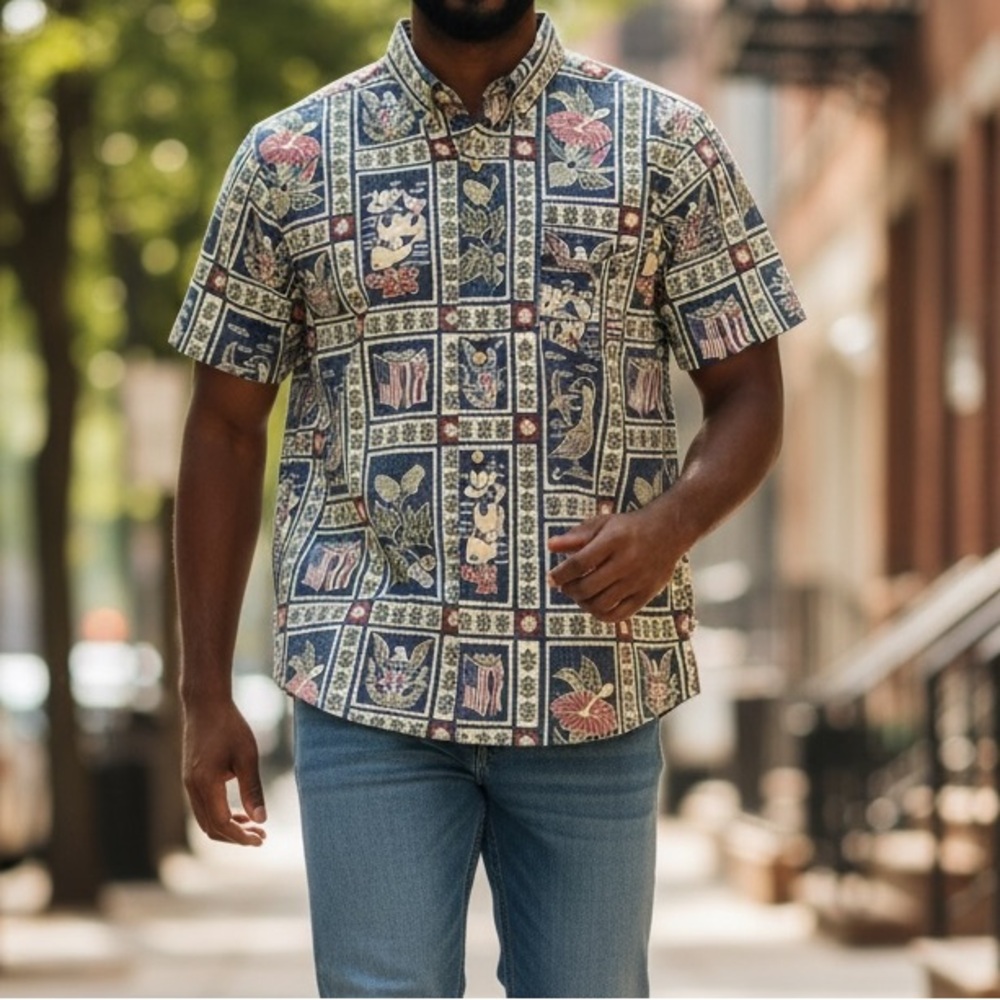 Reyn Spooner Men’s M Button Down Dietrich Varez Hawaiian USA Flag Short Sleeve